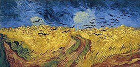 A painting of a wheat field with crows flying above.