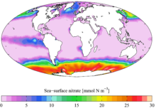 Mappemonde plane de la Terre montrant des zones différemment colorées selon la concentration du nitrate.