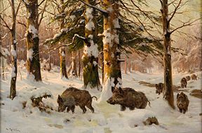 Wild boars, by Walter Moras (1856-1925) Walter Moras Schwarzwild im Winterwald.jpg