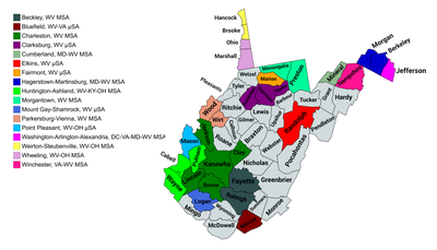 An enlargeable map of the 17 core-based statistical areas in West Virginia West Virginia CBSAs 2020.png