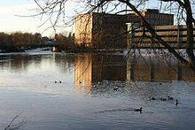 Presumpscot River, looking upstream towards One Riverfront Plaza and Saccarappa Falls