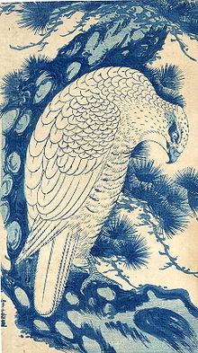 White Falcon in a pine tree, woodblock print by Sawa Sekkyô, 13.5 x 7.75 inches.jpg