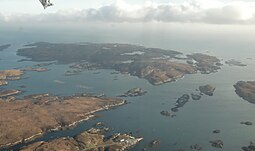 Wiay from the air with Peter's Port on Eilean na Cille is in the foreground