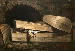 The Premature Burial, Antoine Wiertz's painting of a man buried alive, 1854 Wiertz burial.jpg