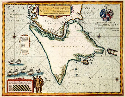Kaart uit 1635 door Willem Blaeu, met daarop Kaap Hoorn en de Straat Magellaan (Fretum Magellanicum)