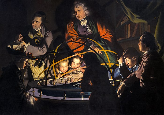 A Philosopher Lecturing on the Orrery by Joseph Wright of Derby  (c. 1766). Informal philosophical societies spread scientific advances