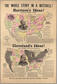 Grover Cleveland-Benjamin Harrison presidential (1888) campaign poster about the trade policy of the two candidates. The map supports the work of the Harrison campaign. Yale Publishing Co, The Whole Story in a Nutshell! 1888 Cornell CUL PJM 1096 01.jpg