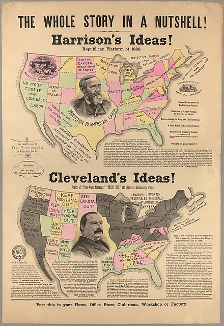 Grover Cleveland-Benjamin Harrison presidential (1888) campaign poster about the trade policy of the two candidates. The map supports the work of the Harrison campaign.