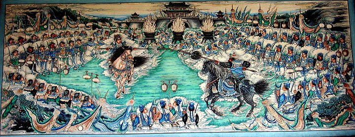 A mural depicting the duel between Zhang Fei and Ma Chao at Jiameng Pass. Zhangfeifightsmachao.jpg