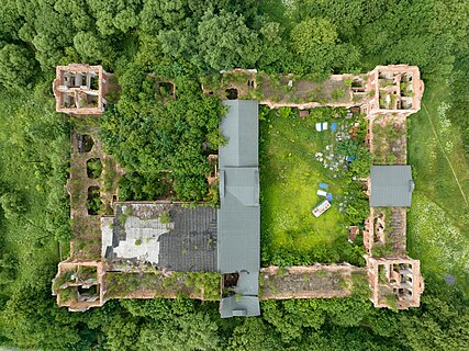 Ruined stables of Znamenka estate photographed from above. Peterhof, Saint Petersburg, Russia.