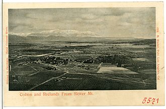 Colton and Redlands viewed from Slover Mountain in 1904. 05571-Colton-1904-Colton and Redlands From Slover Mt.-Bruck & Sohn Kunstverlag.jpg