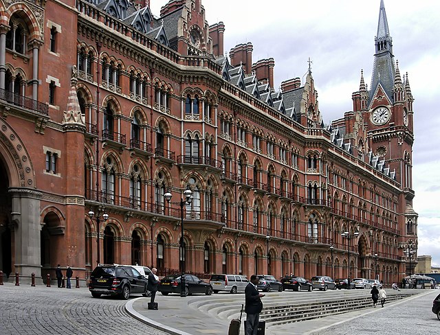 The distinctive Gothic architecture of St Pancras railway station survived demolition, unlike neighbouring Euston.