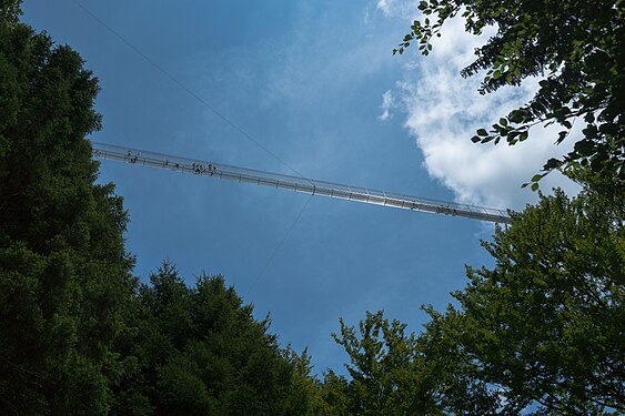 People walking on Highline 179 seen from below; near Reutte/Tyrol, Austria.