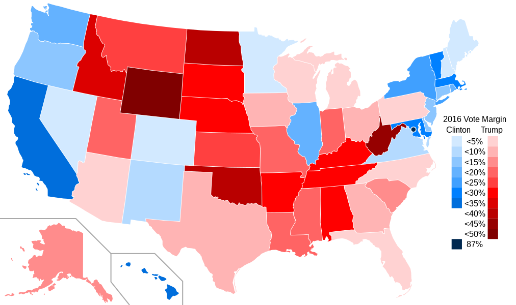 Results by state, shaded according to margin of victory