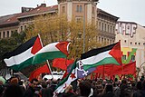 Activists holding up flags of Palestine during the International Solidarity Demo protest in Kreuzberg, Germany on May 1.