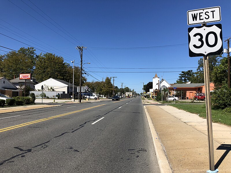 File:2018-09-16 12 19 57 View west along U.S. Route 30 (White Horse Pike) just west of New Jersey State Route 50 and Atlantic County Route 563 (Philadelphia Avenue) in Egg Harbor City, Atlantic County, New Jersey.jpg