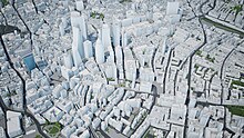 A computerized 3D image of downtown London, featuring simplistic models of the buildings, roads, and parks.