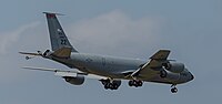 A KC-135R Stratotanker, tail number 62-3565, on final approach at Kadena Air Base in Okinawa, Japan in March 2020. It is assigned to the 909th Air Refueling Squadron at Kadena AB.