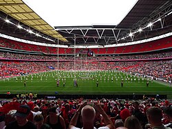 The half-time entertainment at the 2023 Challenge Cup Final, in the form of multiple dance troupes performing on the pitch.