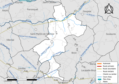 Carte en couleur présentant le réseau hydrographique de la commune