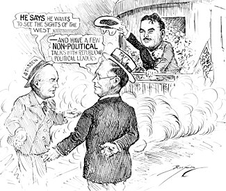 A political cartoon by James T. Berryman, depicting Dewey leaving on a train for a tour of western states. Harold Stassen says "He [Dewey] says he wants to see the sights of the west", to which Robert A. Taft replies "And have a few NON-POLITICAL talks with Republican political leaders".