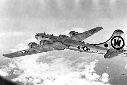 92d Bomb Group B-29A, AF Ser. No. 44-62102, "Wright's Delight" over the Sea of Japan on a Korean War bombing mission, July 1950 92d Bombardment Group Boeing B-29A-60-BN Superfortress 44-62102.jpg
