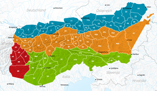 Les subdivisions des Alpes orientales selon l'AVE ; les Dolomites  correspondent au numéro 52 et les Alpes de Fiemme au numéro 53.