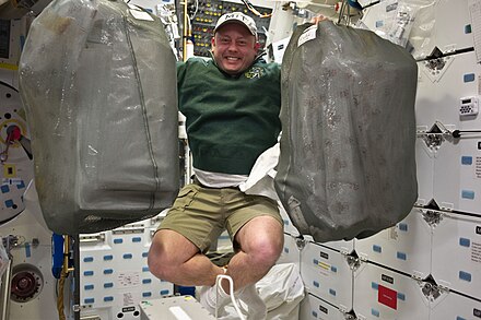 Mike Fincke lifts massive bags and floats freely inside Endeavour.