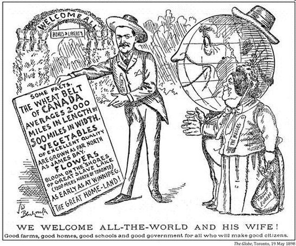 An ad to attract immigrants to Western Canada, 1898