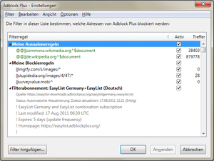 Settings window for the filter rules