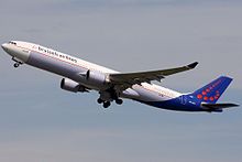 A Brussels Airlines Airbus A330-300 in an interim livery Airbus A330-301, Brussels Airlines AN1563130.jpg