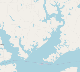 Aerial view of Alazan Bay with Baffin Bay located underneath. Padre Island is located to the right of Alazan Bay. Alazan Bay Map.png