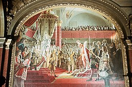 Krönung des Kurfürsten von Brandenburg Friedrich III. zum König in Preußen Friedrich I. (1701); Historien-Wandgemälde (zerstört) in der Ruhmeshalle Berlin