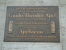 Tafel am Ort des Geburtshauses von Theodor Apel in Leipzig (Quelle: Wikimedia)