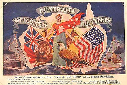 A 1908 postcard welcomes the fleet to Australia.
