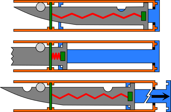 Schematic of single action out the front automatic knife