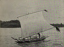 A small Sama-Bajau tondaan with sails deployed (c.1904) Bajao boat with sail unrolled.jpg