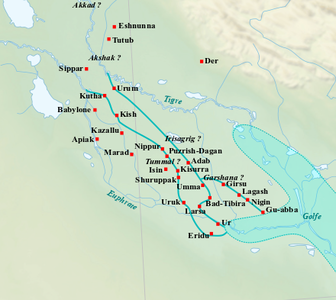 Ubicació dels principals llocs del sud de Mesopotàmia durant el període d’Ur III