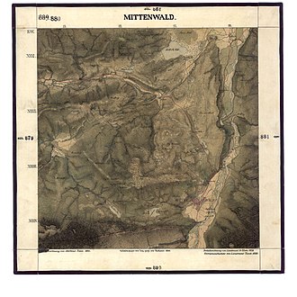 Alte Karte von 1830 mit Hügelland westlich von Wallgau und Mittenwald