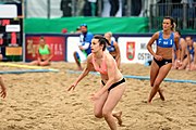 Deutsch: Beachhandball Europameisterschaften 2019 (Beach handball Euro); Tag 5: 6. Juli 2019 – Frauen, Platzierungsspiel für die Ränge 17–20, Nordmazedonien-Slowenien 0:2 (10:13, 9:15) English: Beach handball Euro; Day 5: 6 July 2019 – Placement Match/Cross Match for rank 17–20 Women – North Macedonia-Slovenia 0:2 (10:13, 9:15)