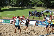 Deutsch: Beachhandball Europameisterschaften 2019 (Beach handball Euro); Tag 1: 2. Juli 2019 – Männer, Vorrunde Gruppe A, Deutschland-Norwegen 2:0 (22:14, 22:20) English: Beach handball Euro; Day 1: 2 July 2019 – Men Preliminary Round Group A – Germany-Norway 2:0 (22:14, 22:20)