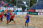 Deutsch: Beachhandball Europameisterschaften 2019 (Beach handball Euro); Tag 5: 6. Juli 2019 – Männer, Halbfinale, Dänemark-Ungarn 2:0 (19:16, 22:18) English: Beach handball Euro; Day 5: 6 July 2019 – Semifinal Men – Denmark-Ukraie 2:0 (19:16, 22:18)