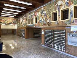 Agriculture and Industries of Ventura: Gordon Kenneth Grant (1908-1940) was commissioned to create murals for the post office in Ventura, California, in 1938. Bentura Post Office (interior with postal boxes and murals).jpg