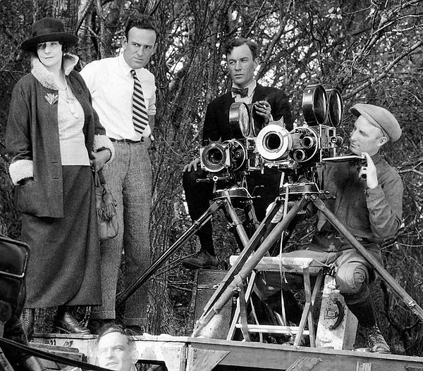 Edythe Chapman (actress), Sam Wood, Alfred Gilks (cinematographer) & Osmond Borradaile (cameraman), on the set of Beyond the Rocks