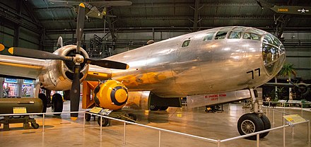 The Bockscar B-29 and a post war Mk III nuclear weapon painted to resemble the Fat Man bomb, at the at the National Museum of the United States Air Force, Dayton, Ohio