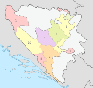 Bosnia and Herzegovina, administrative divisions - Nmbrs (cantons) - colored.svg