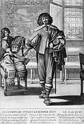 Courtier exchanging elaborate clothing for sober dress demanded by Edict of 1633