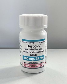 A bottle of 200 mg/25 mg emtricitabine and tenofovir alafenamide used for PrEP under the brand Descovy, developed by Gilead Sciences. Bottle of Descovy.jpg