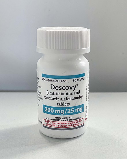 A bottle of 200 mg/25 mg emtricitabine and tenofovir alafenamide used for PrEP under the brand Descovy, developed by Gilead Sciences.