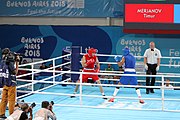 Deutsch: Boxen bei den Olympischen Jugendspielen 2018 Tag 12, 18. Oktober 2018 - Kampf um die Bronzemedaille im Fliegengewicht Mädchen – Timur Merjanow (Usbekistan, rot) schlägt Youssef Ali Karar Ali (Ägypten, blau) 5-0; Ringrichter ist Antonín Gaspar (Tschechien). English: Boxing at the 2018 Summer Youth Olympics on 18 October 2018 – Boy's heavyweight Bronze Medal Bout - Timur Merjanov (Uzbekistan, red) beats Youssef Ali Karar Ali (Egypt, blue) 5-0; Referee is Antonín Gaspar (Czech Republic). Español: Boxeo en los Juegos Olímpicos Juveniles de Verano de 2018 en 18 de octubre de 2018 - Medalla de bronce de peso pesado del muchacho: Timur Merjanov (Uzbekistán, roja) le gana a Youssef Ali Karar Ali (Egipto, azul) 5-0; El árbitro es Antonín Gaspar (Republica checa).